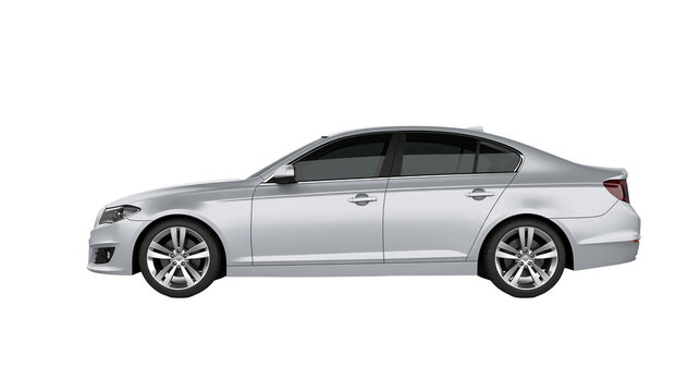 Isolated contemporary silver four-door sedan car with F 1993 caption on black element
