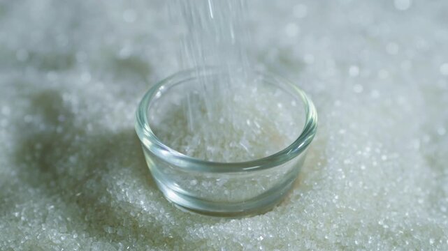 White Sugar pouring in small glass cup with surrounding Granulated Sugar Crystals at india. interior shot, stable shot, 4k.