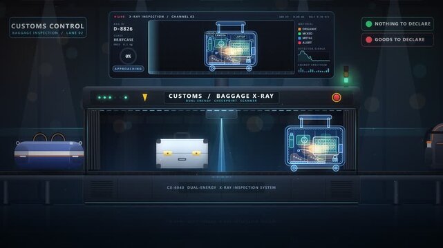 Automated customs baggage x-ray inspection system scanning luggage suitcases at airport security checkpoint
