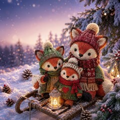 Fototapeta premium Cozy knitted fox family riding sled through snowy winter forest