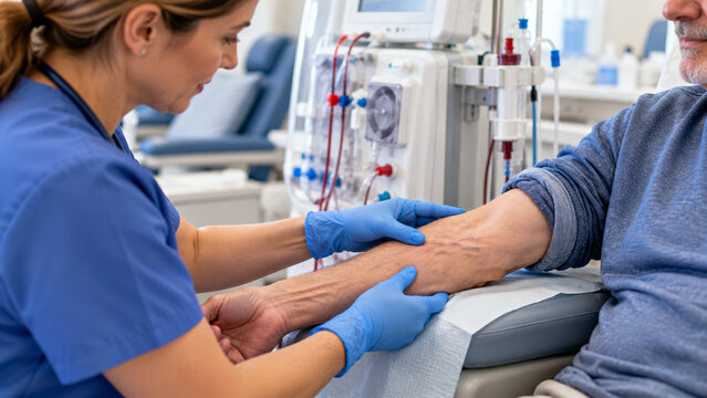 Nurse Preparing Patient Arm for Hemodialysis Treatment in Dialysis Clinic
