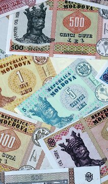 Moldovan leu money bills in pile. Big amount of Moldova MDL currency cash close up