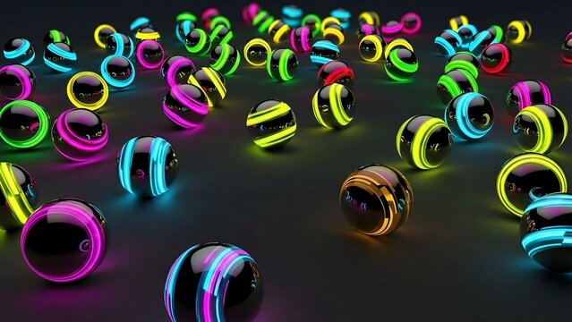 Glowing colorful neon spheres and spheres scattered across a dark background surface.