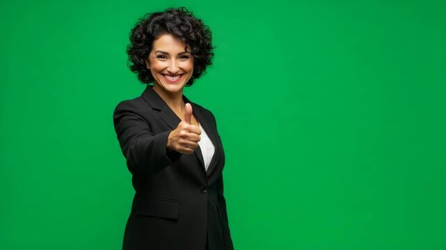 Happy woman giving thumbs up in business suit on green background  