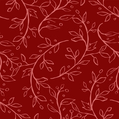 Seamless Floral Branch Pattern Background. Minimalist Ink Sketch Leaves and Berries Surface Design. Trendy Romantic Winter Christmas Wedding Botanical Textile Graphic Backdrop. © supachai