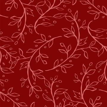 Seamless Floral Branch Pattern Background. Minimalist Ink Sketch Leaves and Berries Surface Design. Trendy Romantic Winter Christmas Wedding Botanical Textile Graphic Backdrop.