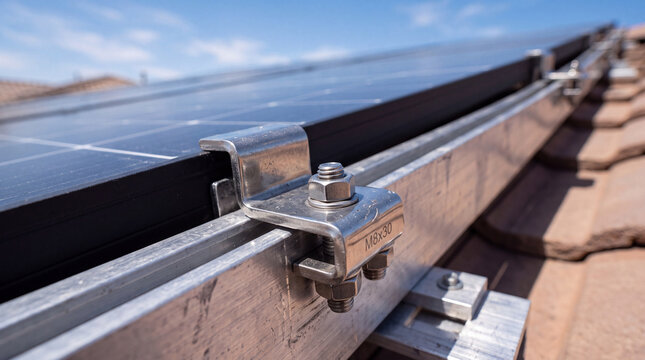 Solar panel mounting system on a roof during a clear day