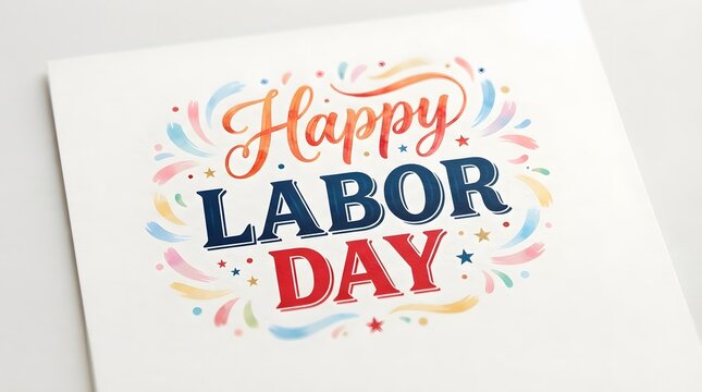 Colorful happy labor day typography on white card with a clean background