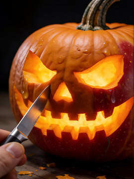 Glowing jack o lantern pumpkin carving a scary face into an apple