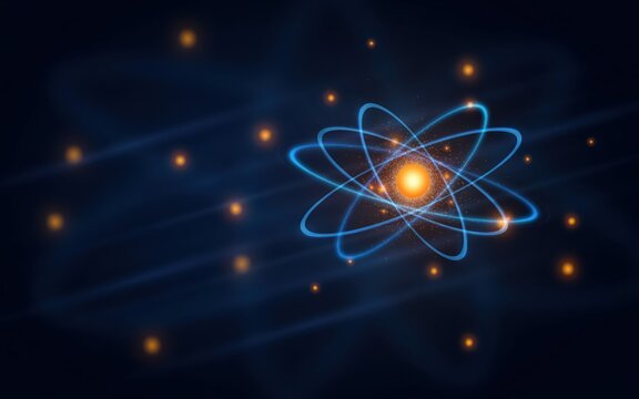 Glowing atomic structure with spinning electron orbits against a dark blue background. Perfect for physics and science research concepts.