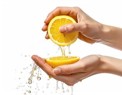 Hands squeeze juicy lemon halves, liquid dripping, splashing, white background