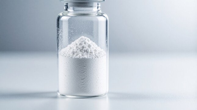 White titanium dioxide powder inside clear glass vial. Fine mineral pigment sample for cosmetic pharma research. Small amount of chemical reagent in medical container. Raw material for skincare