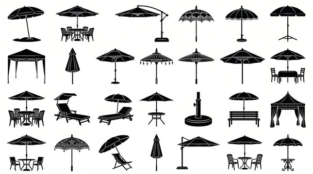 Black umbrella icon collection featuring beach parasols, patio umbrellas, garden canopies, folding shades, decorative designs, tables, chairs, and stands in detailed silhouette vector style.