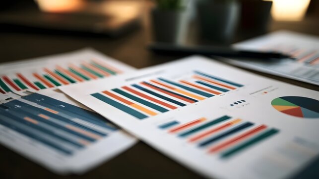 Colorful bar charts and pie graphs on printed reports spread across a wooden desk in warm ambient lighting