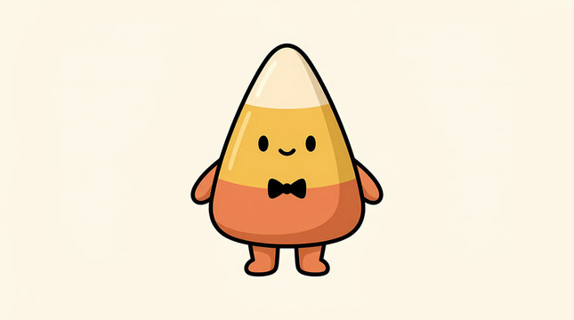 Cute cartoon candy corn character with a bow tie standing on a plain background, adorable Halloween treat illustration.