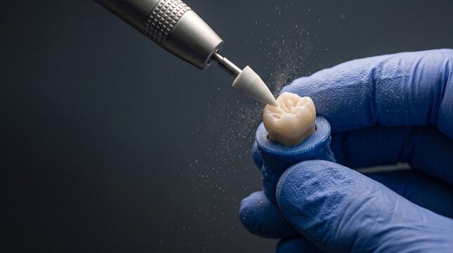 Technician polishes a custom ceramic molar crown