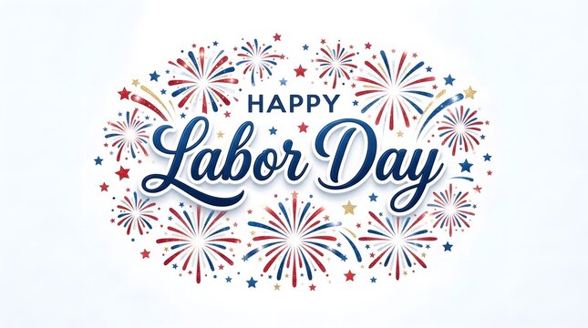 Festive happy labor day greeting with colorful fireworks and elegant calligraphy