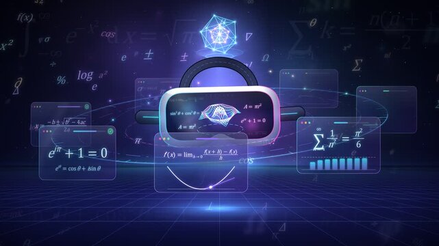 Virtual reality headset learning with floating math formulas and geometric diagrams in digital space