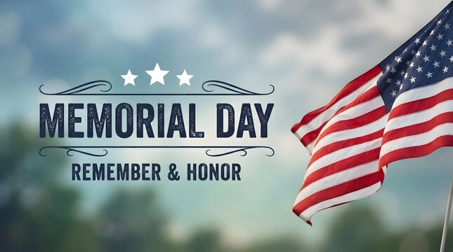 Memorial day remembrance with a waving american flag and patriotic text overlay