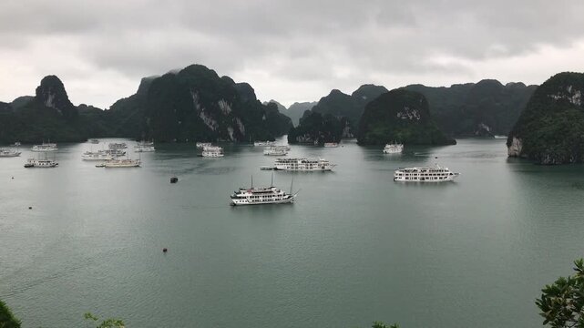 Scenic view of Halong Bay in northeastern Vietnam, a UNESCO World Heritage Site famous for emerald waters and thousands of towering limestone karsts rising from the sea.
