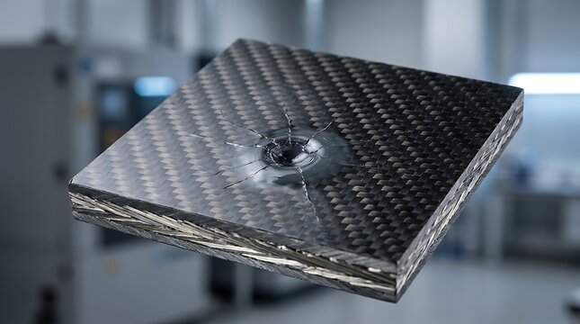 Close up view of carbon fiber composite material square panel featuring central impact damage pattern with radial cracks and damaged resin layer structure design.