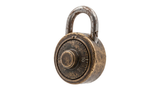 Vintage brass combination padlock, antique round metal lock with rotary dial, weathered industrial security hardware isolated PNG with Transparent Background