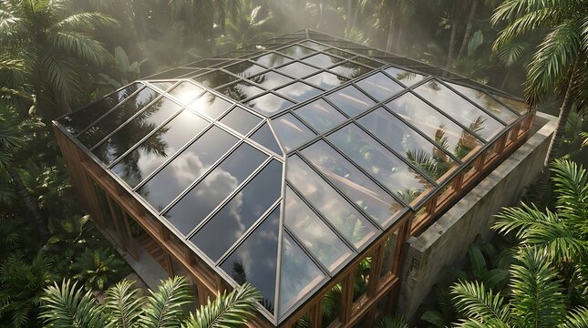 Glass greenhouse structure with geometric roof design nestled within lush tropical jungle foliage and sunlight.