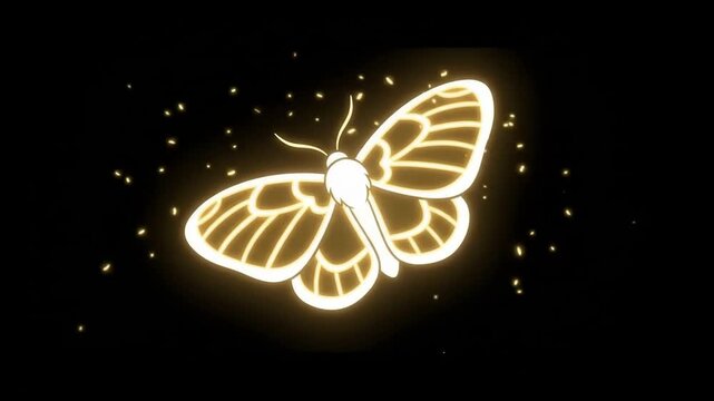 Ethereal 4K Glowing Golden Butterfly Flapping Wings and Emitting Magic Dust Particles Against a Pitch Black Dark Fantasy Background