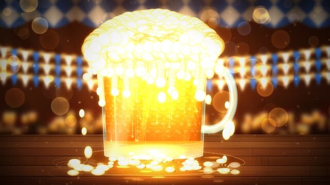 Traditional Oktoberfest beer mug overflowing with foam on wooden table loop