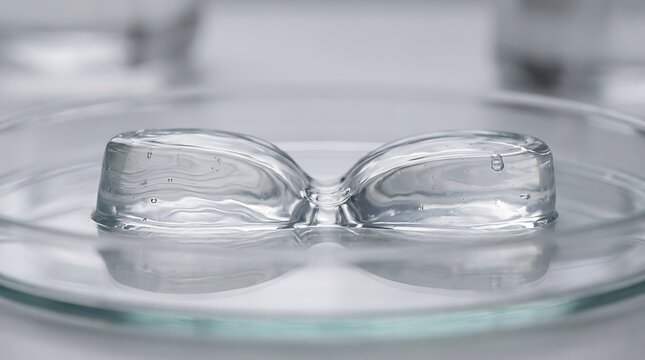 Close-up of two transparent, clear gel-like breast implants resting in a glass petri dish against a blurred white background.