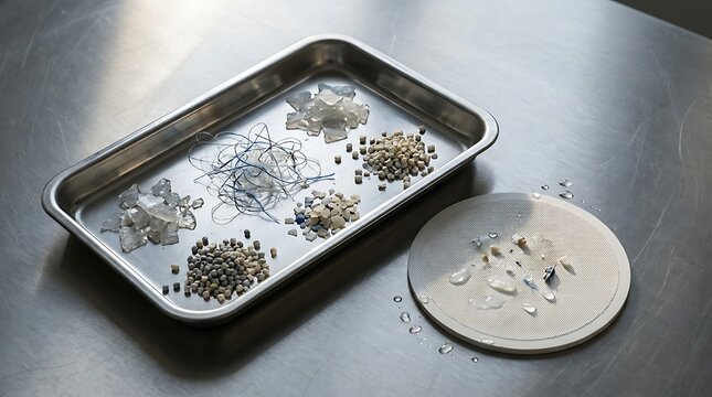 Metallic sorting tray containing assorted plastic fragments microplastics debris and small white pellets on brushed stainless steel table for research testing.