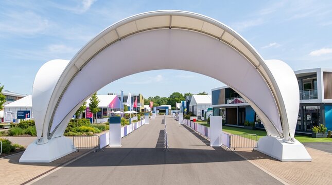 Modern Large White Arch Entrance at Outdoor Exhibition and Trade Show Event