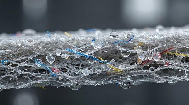 Close up view of translucent synthetic fiber mesh with water droplets and colorful microplastic particles caught inside material for environmental study project.