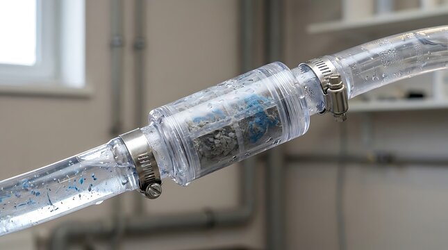 Clear industrial pipe with inline filter housing trapping blue microplastic particles and synthetic fibers from wastewater stream in laboratory testing facility.