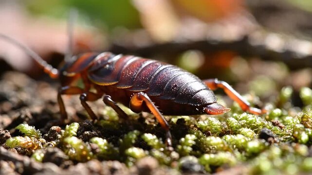 Ring-legged Earwig Crawling on Mossy Ground