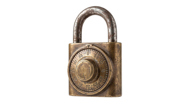Vintage brass combination padlock with weathered texture, antique bronze security lock with rotary dial, rustic metal safe lock for protection isolated PNG with Transparent Background