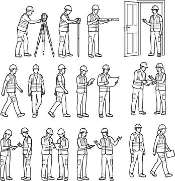 Construction Workers Engineers and Surveyors Vector Set Line Art Character Collection