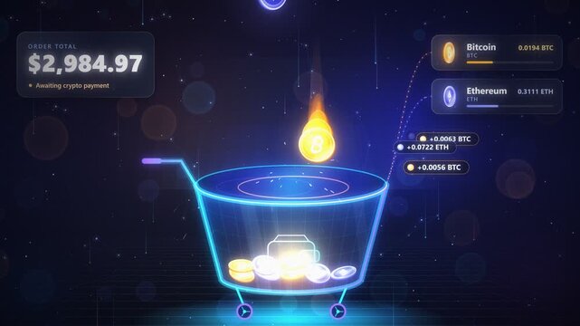 cryptocurrency shopping cart payment accepted animation with bitcoin and ethereum coins dropping in checkout