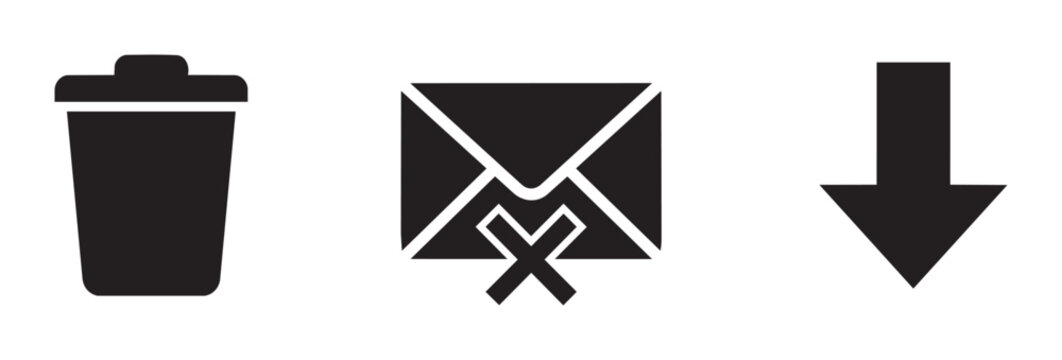 Trash can, email with cross, and down arrow icons set for delete and send, web and app