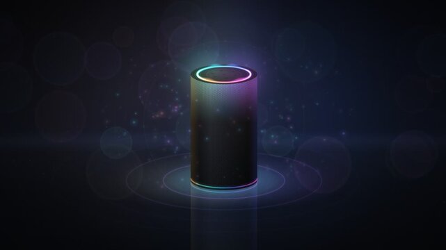 Futuristic smart speaker voice assistant with glowing RGB ring and sound waves