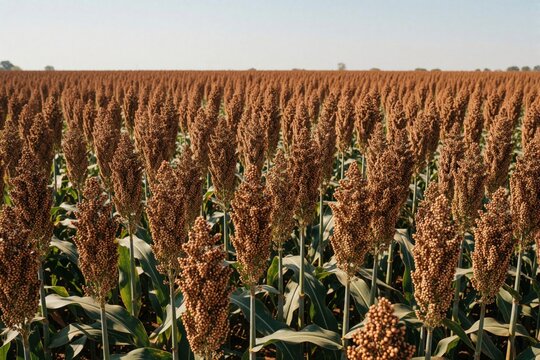 Large sorghum field with ripe brown grain stalks under blue sky. Mature cereal crops ready for harvest on sunny farm plantation. Agricultural landscape shows dry drought tolerant milo plants growing