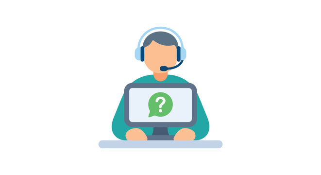Customer support representative icon with headset and question mark on white background