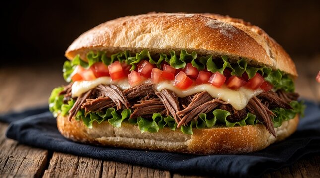 Traditional Mexican torta sandwich with shredded beef, melted cheese, fresh lettuce, chopped tomatoes on crusty bread. Tasty gourmet meal served on dark napkin over rustic wooden table. Authentic