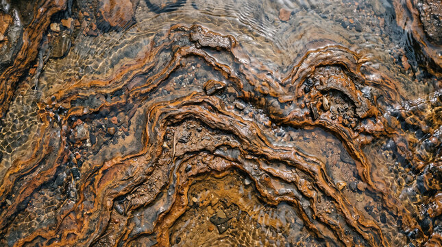 Iron-colored mineral deposits under clear shallow spring water