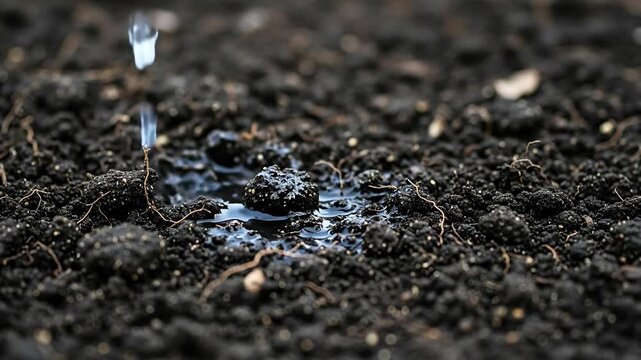 Close-up of water droplet hitting fertile soil surface outdoors