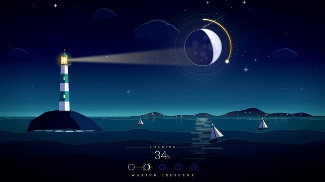 Moon Phase Lighthouse Harbor Loading Animation, Night Sea Progress Loader with Lunar Cycle Timelapse