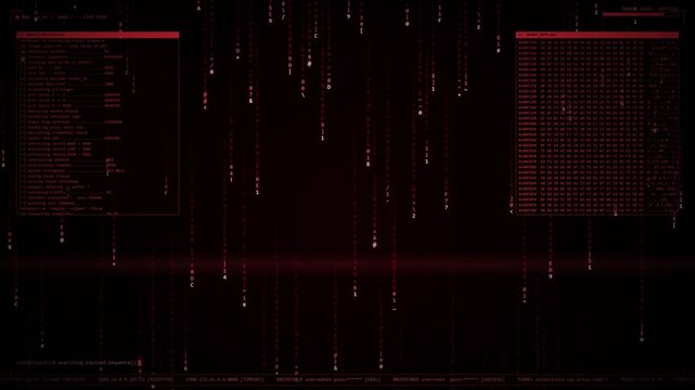 Red terminal code scrolling on a dark background cyber attack concept.