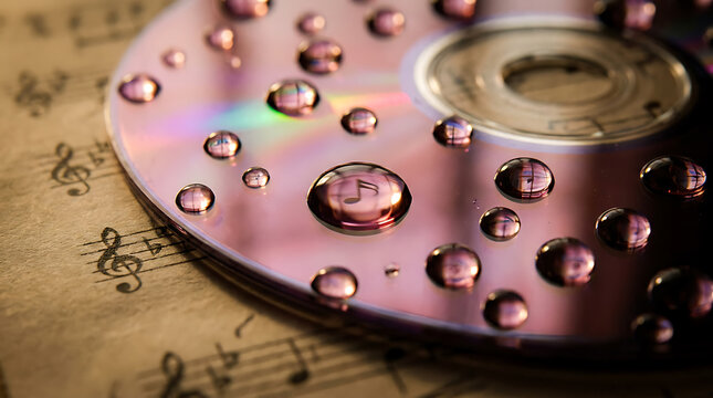 Detailed water droplets on optical disc with musical notes reflection 