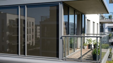 Fototapeta premium Contemporary residential balcony with reflective tinted windows showcasing outdoor patio furniture and small potted plants overlooking urban apartment buildings.
