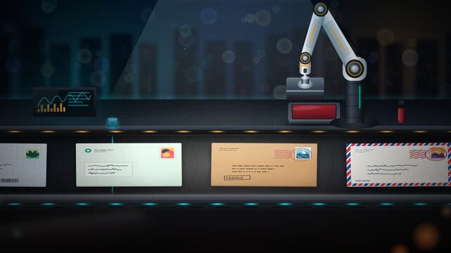 Automated robotic arm stamping priority mail letters on a high tech conveyor belt